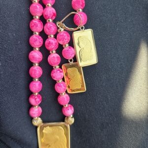 Gold and Pink Beaded Necklace with Rectangular Pendants